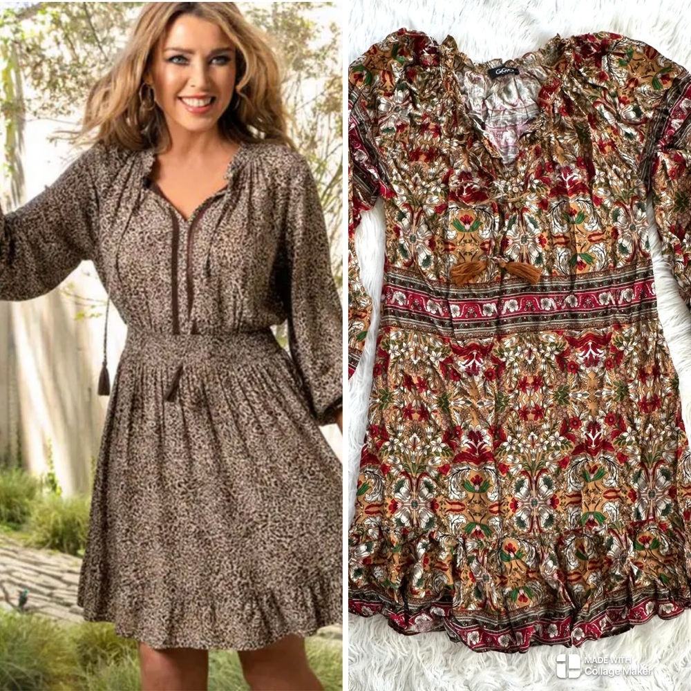 GiGiO Women's Floral Print Tassel Tie Neckline Boho Mini Dress Medium